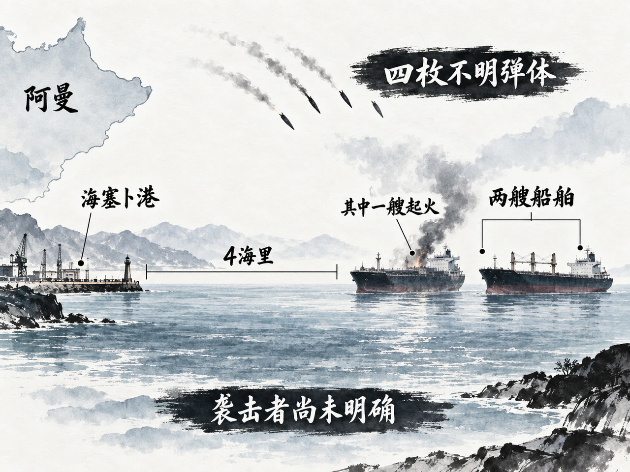 阿曼海塞卜港附近两艘船舶遇袭报告,袭击者尚未明确