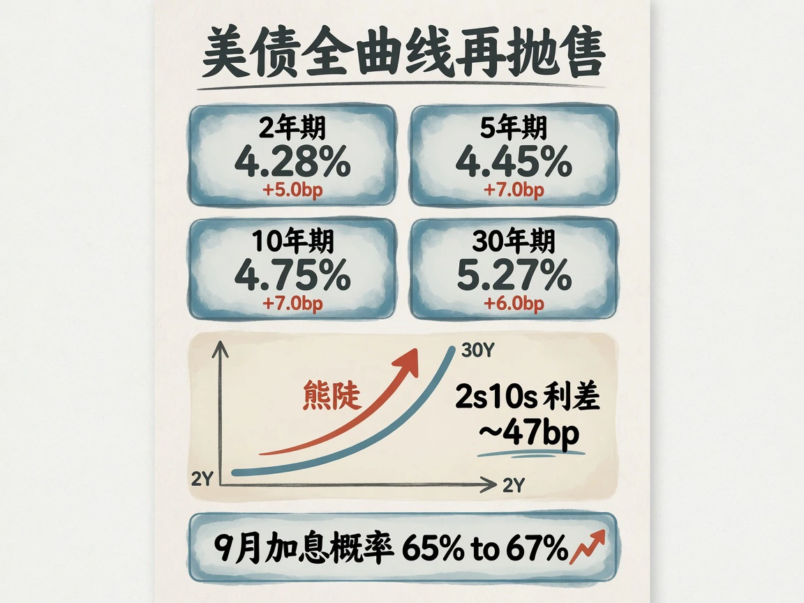 美债全曲线再抛售:2Y 4.28%+5bp, 5Y 4.45%+7bp, 10Y 4.75%+7bp, 30Y 5.27%+6bp