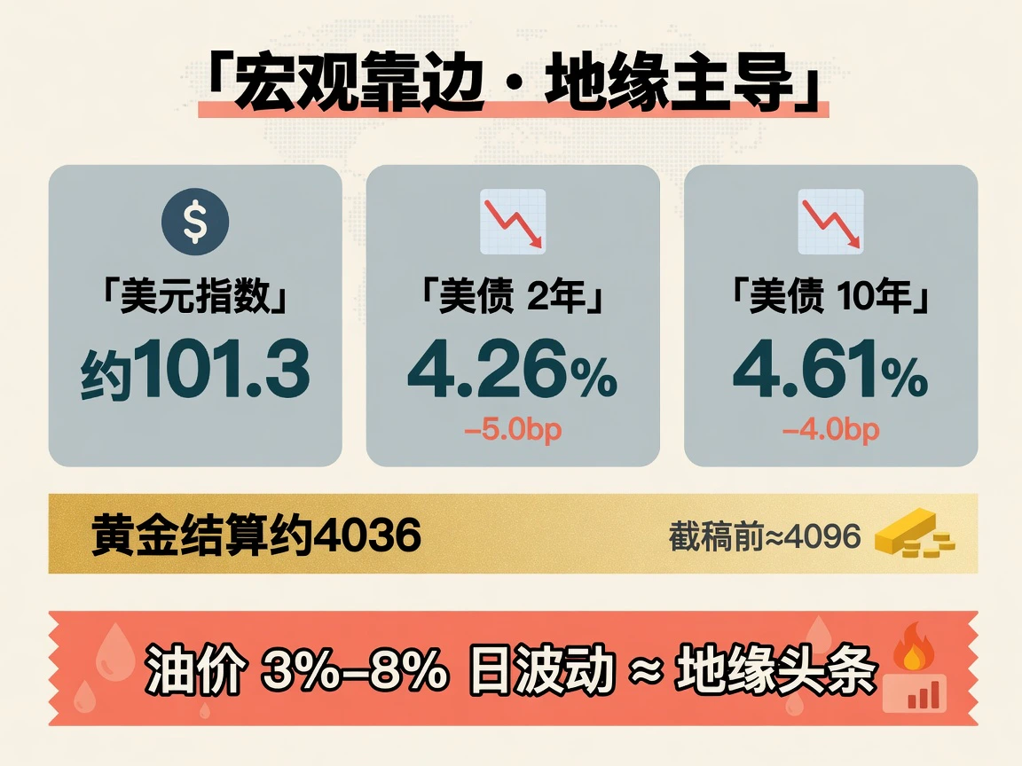 美元指数约101.3,美债2年4.26%(−5bp)、10年4.61%(−4bp),宏观对油边际压制有限