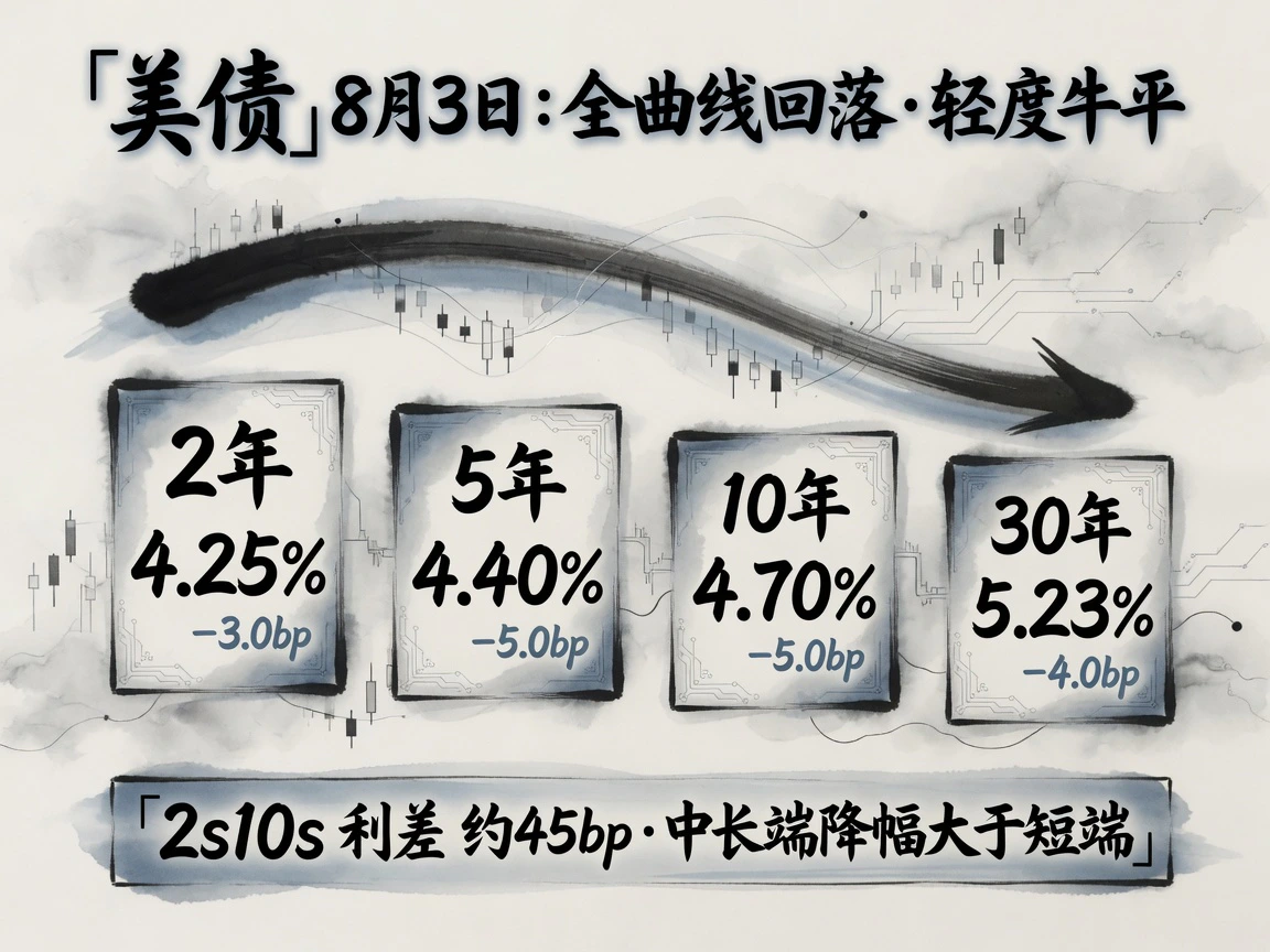 8月3日美债:2Y 4.25%(−3.0bp)、5Y 4.40%(−5.0bp)、10Y 4.70%(−5.0bp)、30Y 5.23%(−4.0bp),2s10s约45bp,轻度牛平