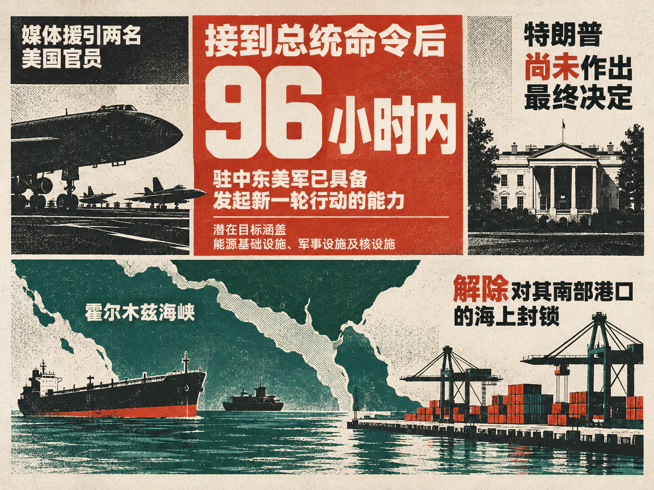 Reported U.S. 96-hour readiness and Iran’s demand to lift the port blockade.
