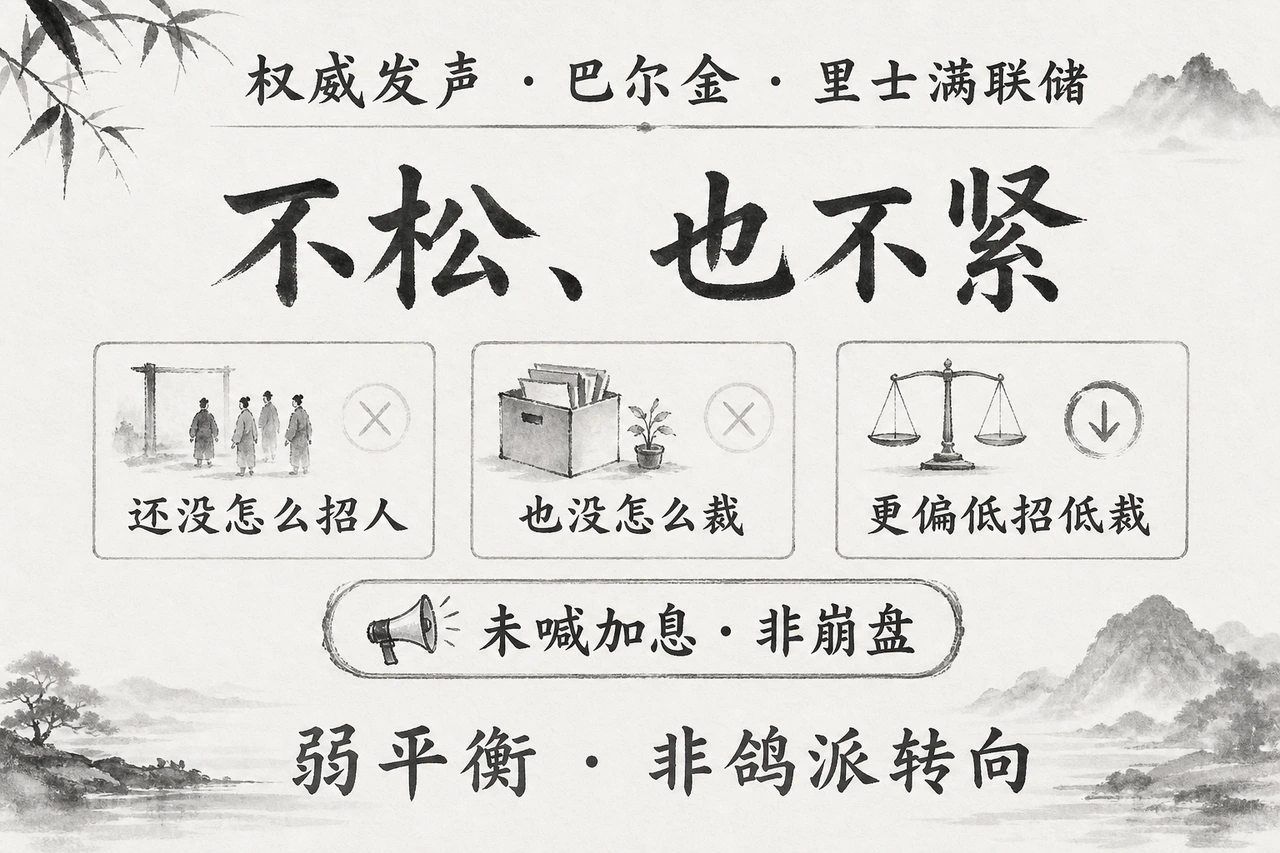 权威发声框架图:里士满联储主席巴尔金称劳动市场不松也不紧、偏低招低裁;弱平衡叙事、非鸽派转向