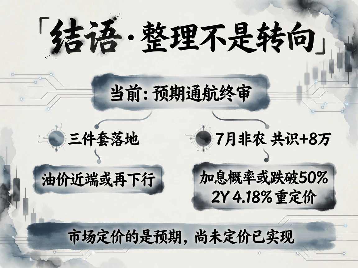 结语:整理不是转向,等三件套与7月非农+8万两个节点,加息概率或跌破50%