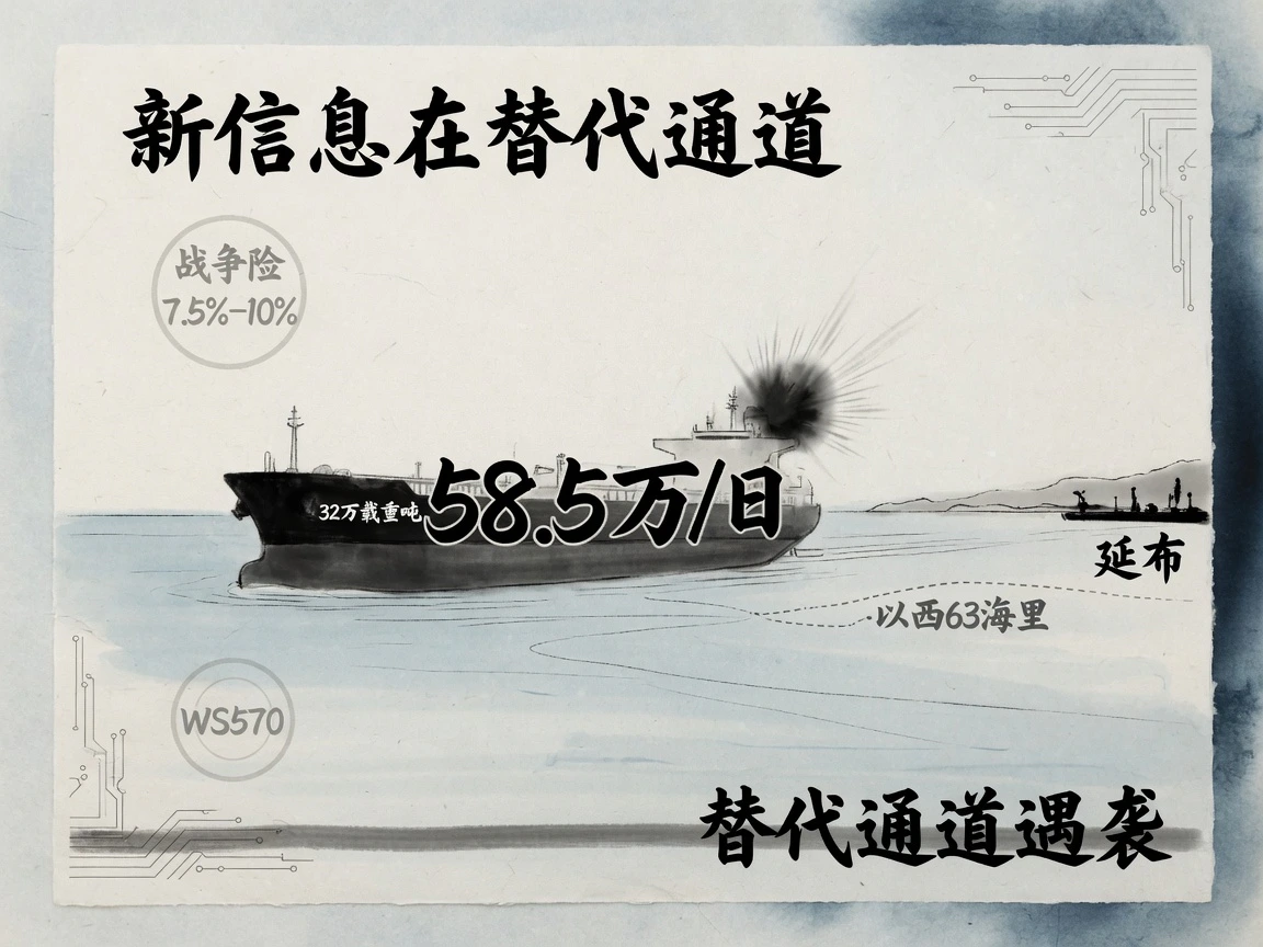 沙特旗 VLCC 约 32 万载重吨在延布以西约 63 海里遇袭；TD3C 运费约 58.5 万美元/日、WS570，战争险 7.5%–10%