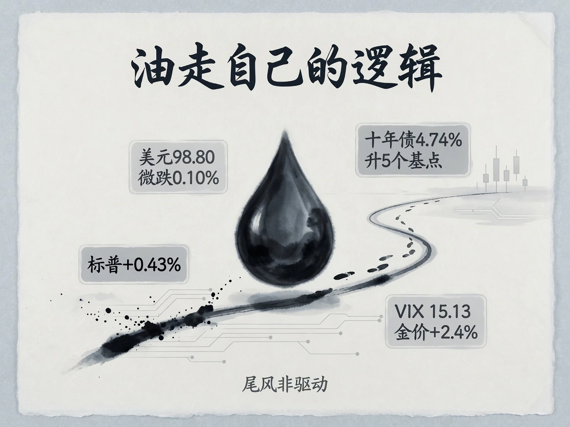 美元98.80、十年债4.74%升5个基点、标普+0.43%,油价走自己的逻辑