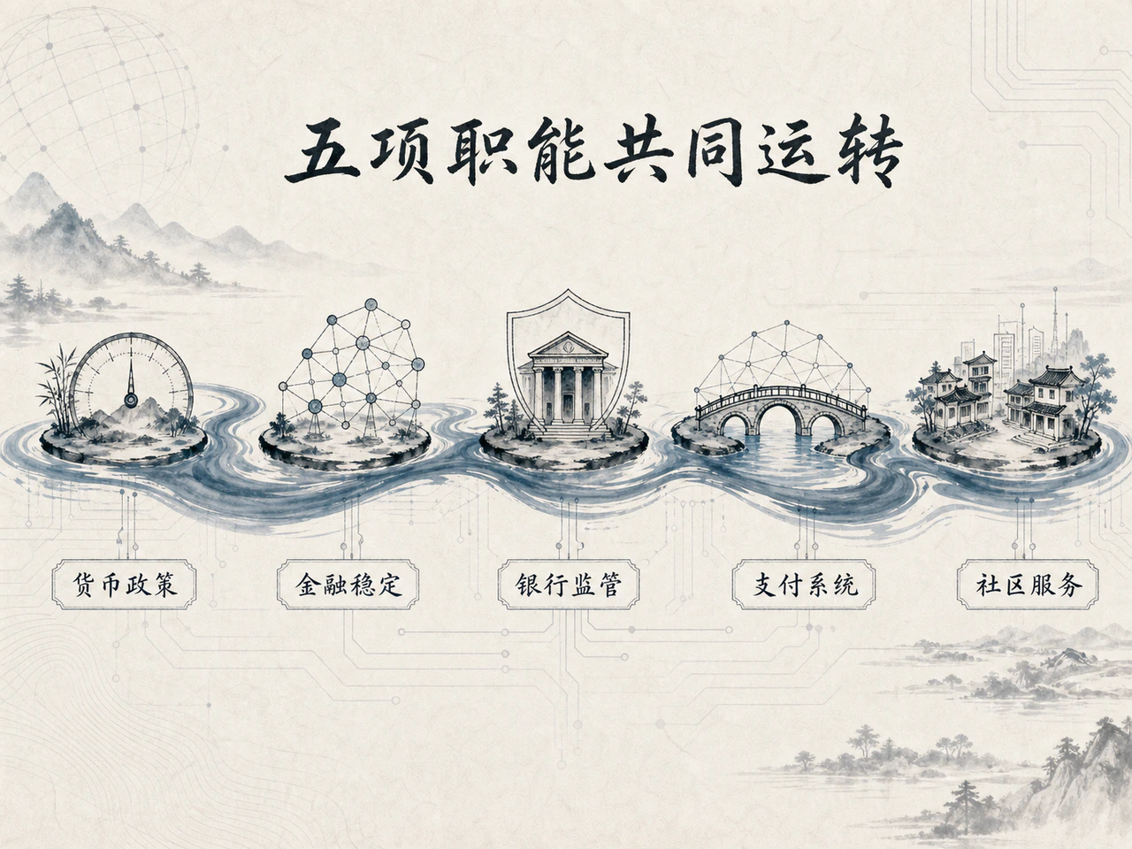 美联储五项职能水墨信息图