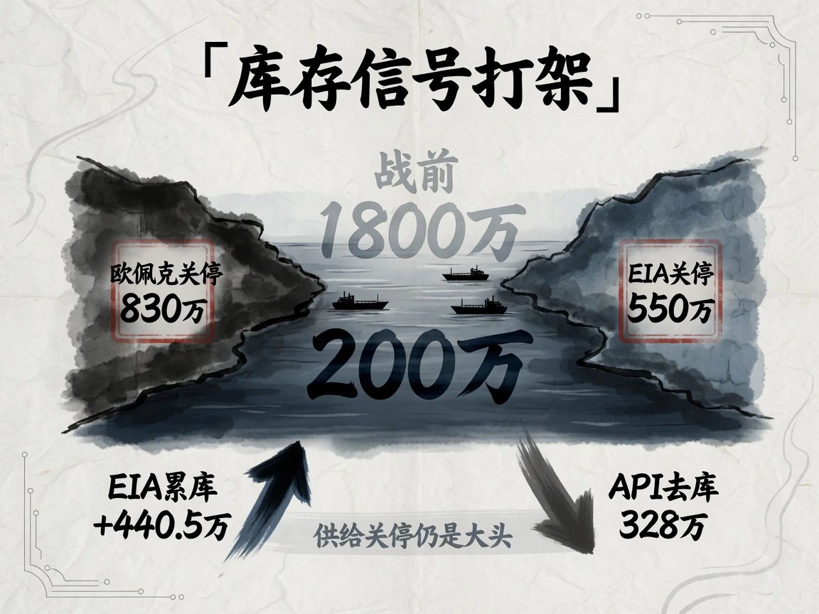霍尔木兹过境约 200 万桶/日、战前约 1800 万；欧佩克关停约 830 万、EIA 约 550 万；EIA 累库 440.5 万桶、API 去库 328 万桶
