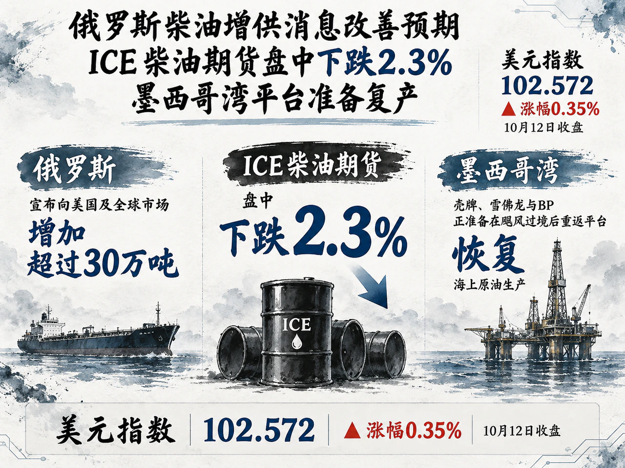 俄罗斯柴油增供消息改善预期,ICE柴油期货盘中下跌2.3%,墨西哥湾平台准备复产。