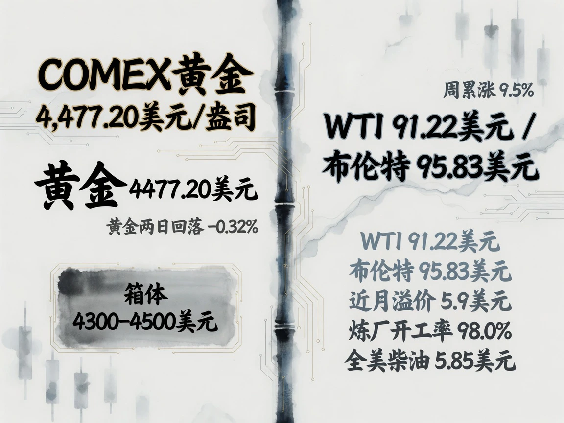 大宗商品:黄金(利率驱动急涨后回吐收在4,477.20美元,-0.32%)vs 原油(深度现货溢价倒挂5.9美元、全周累涨9.5%、炼厂开工率98.0%、全美柴油5.85美元新高)