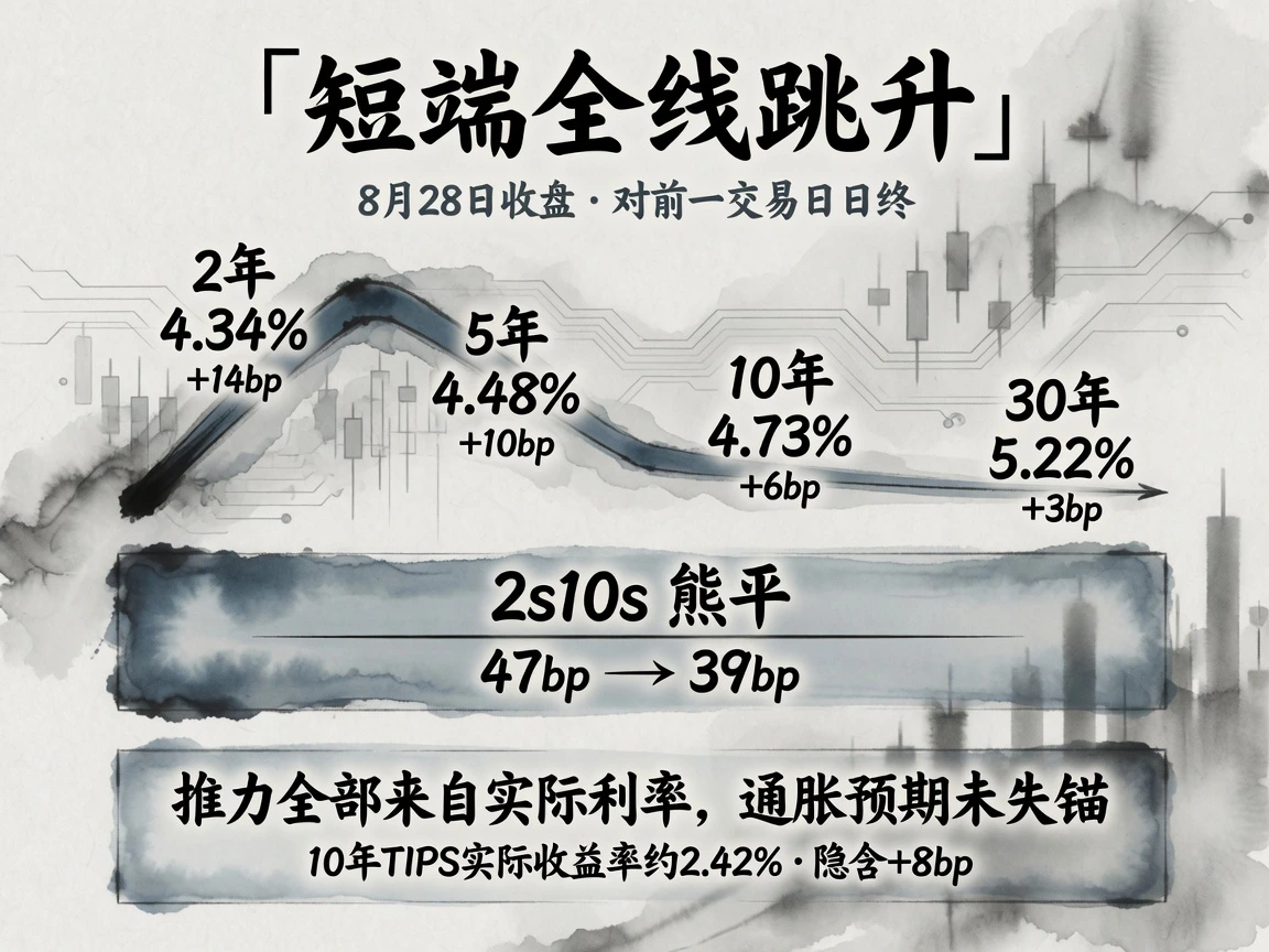 美债短端全线跳升，推力全部来自实际利率：2年4.34%+14bp至30年5.22%+3bp，2s10s熊平47至39bp