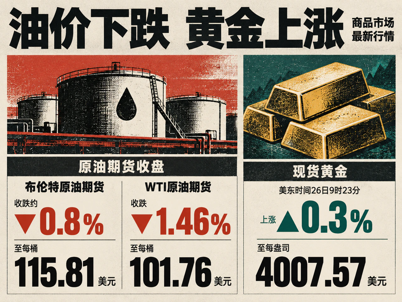 Oil futures settlements and an intraday spot-gold quote.