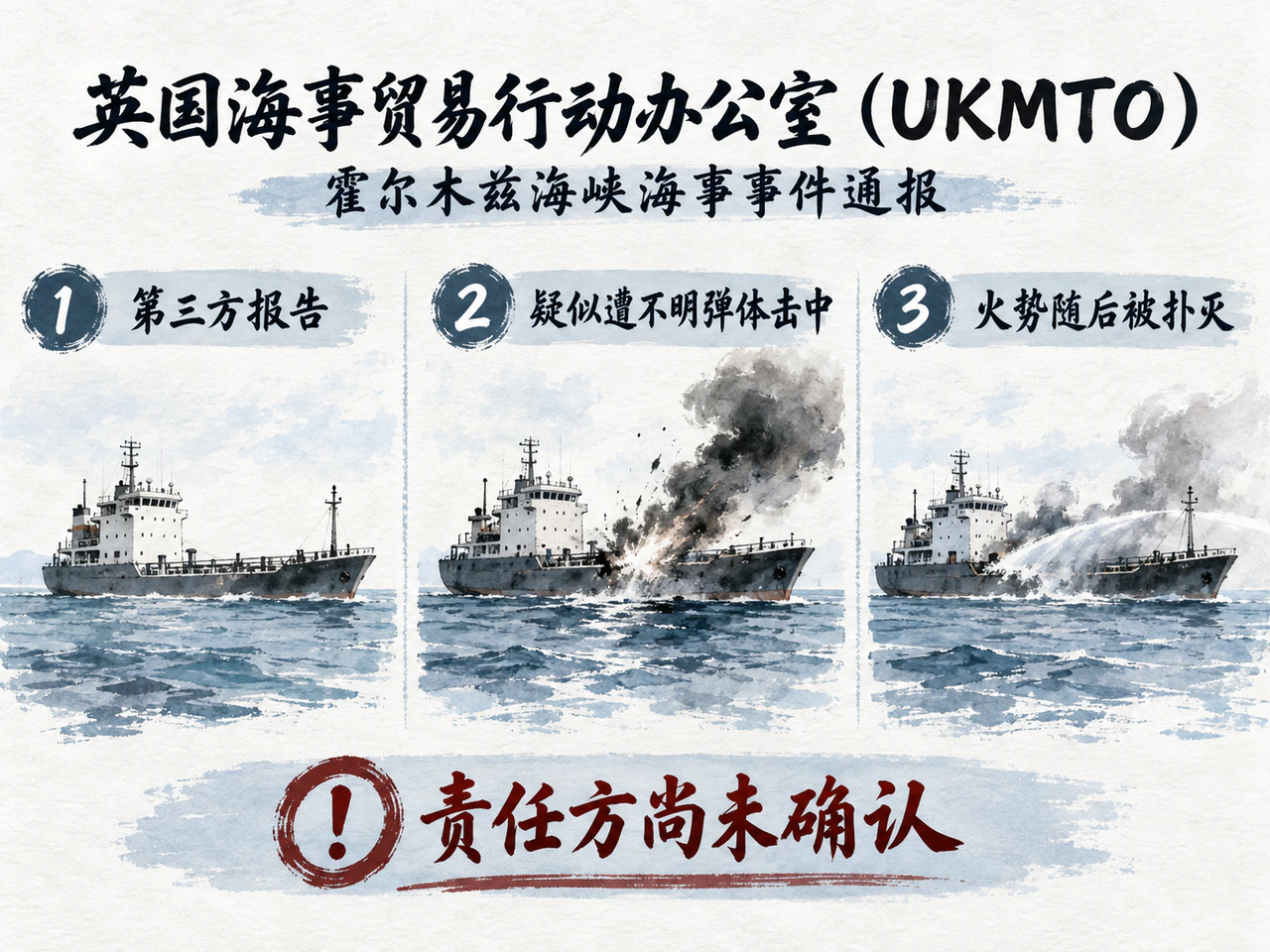 英国海事机构转引疑似船舶遇袭报告，责任方尚未确认。