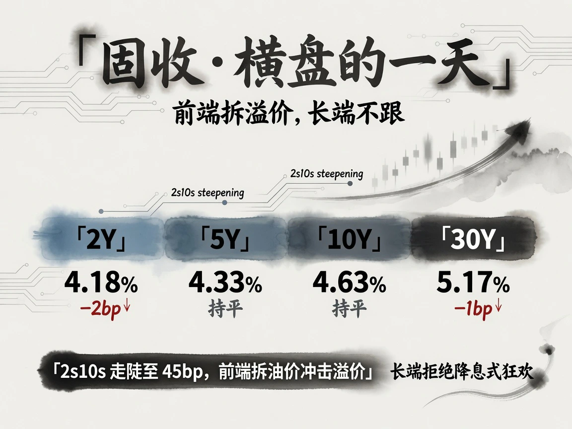 固收:2Y 4.18% -2bp、5Y 4.33%持平、10Y 4.63%持平、30Y 5.17% -1bp、2s10s约45bp