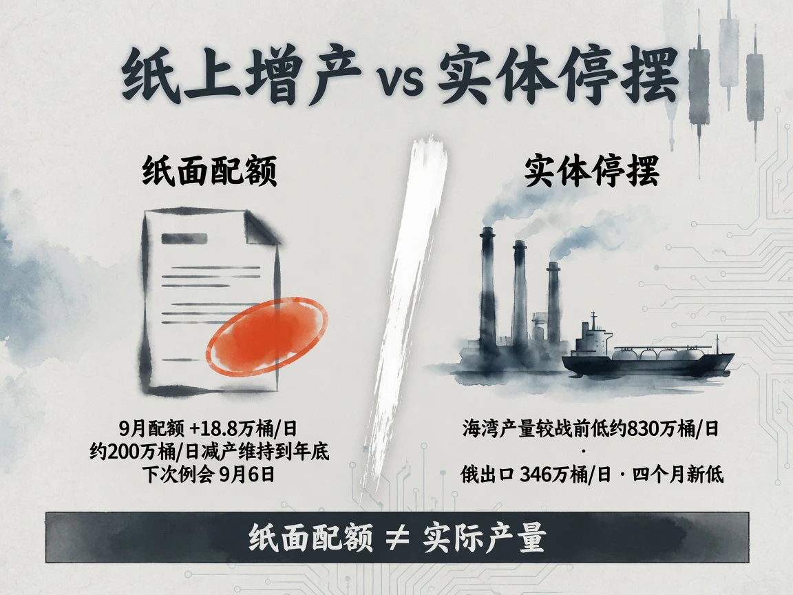 纸上配额与实体停摆左右对照：9月配额+18.8万桶/日、约200万桶/日减产维持到年底、下次例会9月6日 vs 海湾产量较战前低约830万桶/日、黑海炼厂遇袭、俄原油出口346万桶/日创四个月新低