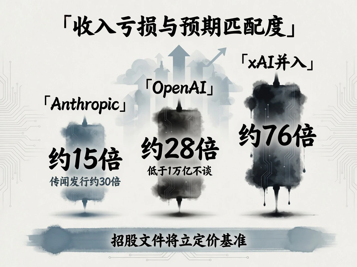 收入亏损与预期:Anthropic约15倍传闻发行约30倍,OpenAI约28倍,xAI并入约76倍