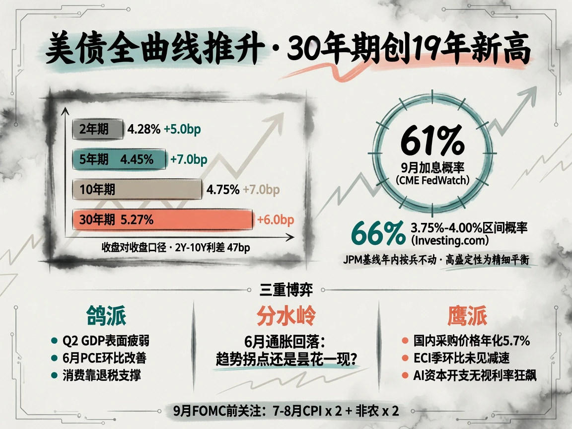美债全曲线推升:2Y 4.28% → 30Y 5.27%创19年新高,9月加息概率61%