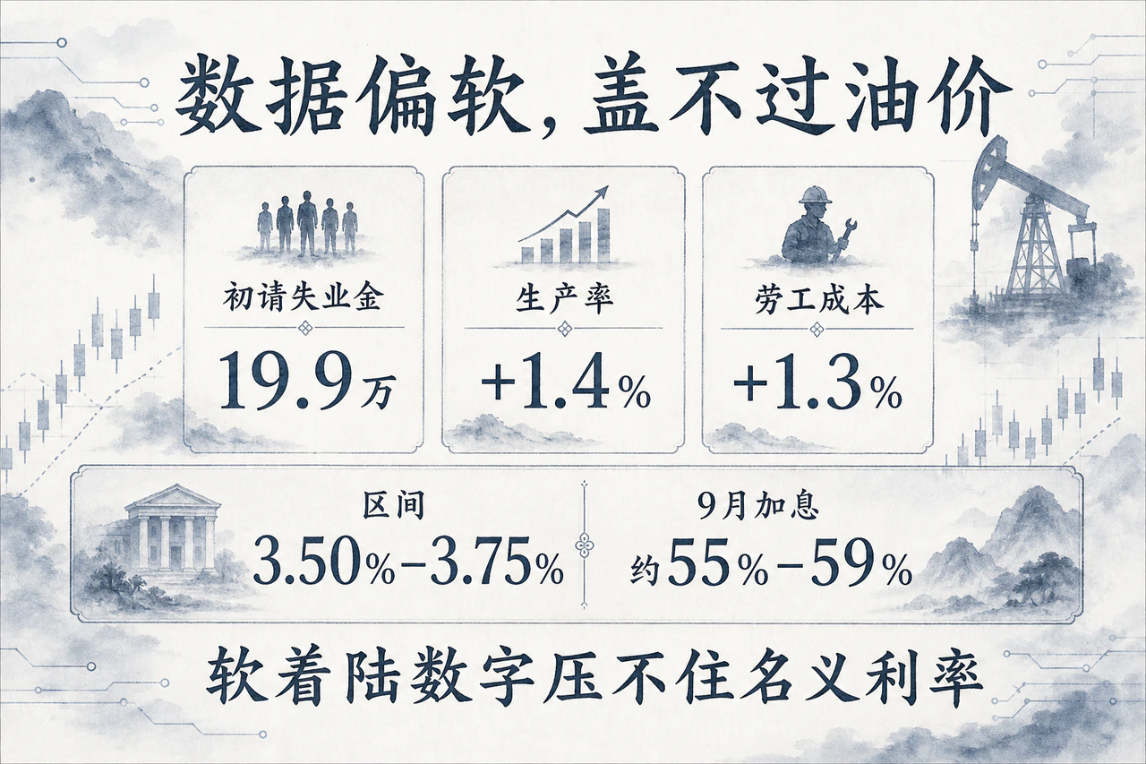 宏观数据偏软盖不过油价：初请19.9万、生产率+1.4%、劳工成本+1.3%，联邦基金区间3.50%–3.75%，9月加息约55%–59%