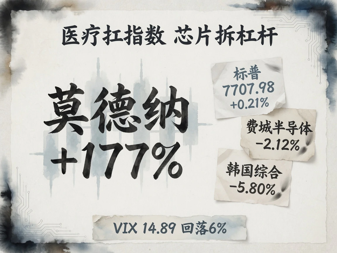莫德纳涨约177%,标普收7707.98涨0.21%,费城半导体跌2.12%,韩国综合跌5.80%,VIX回落至14.89