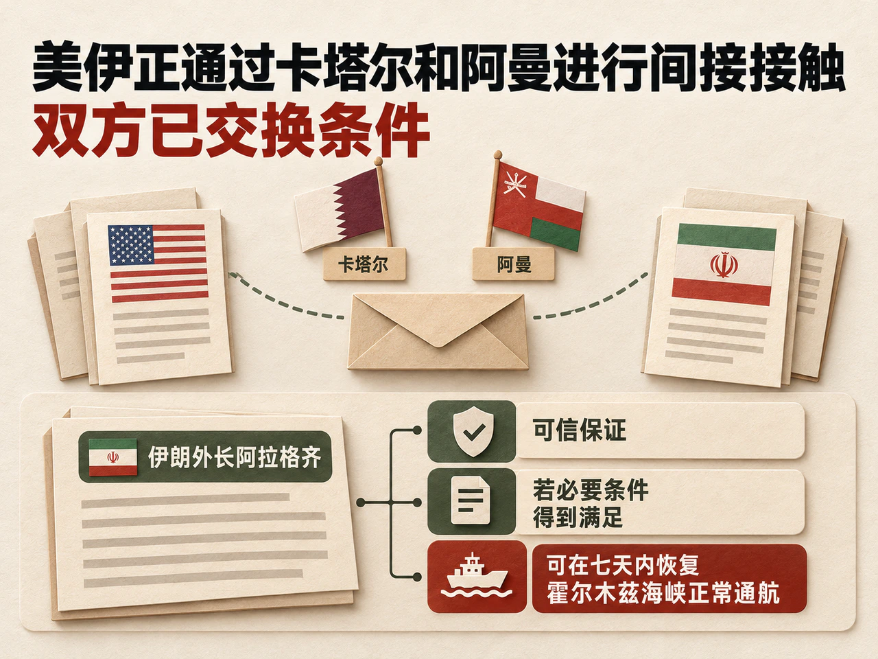 伊方重申安全保证与有条件的七天复航方案,双方经地区中间人交换条件