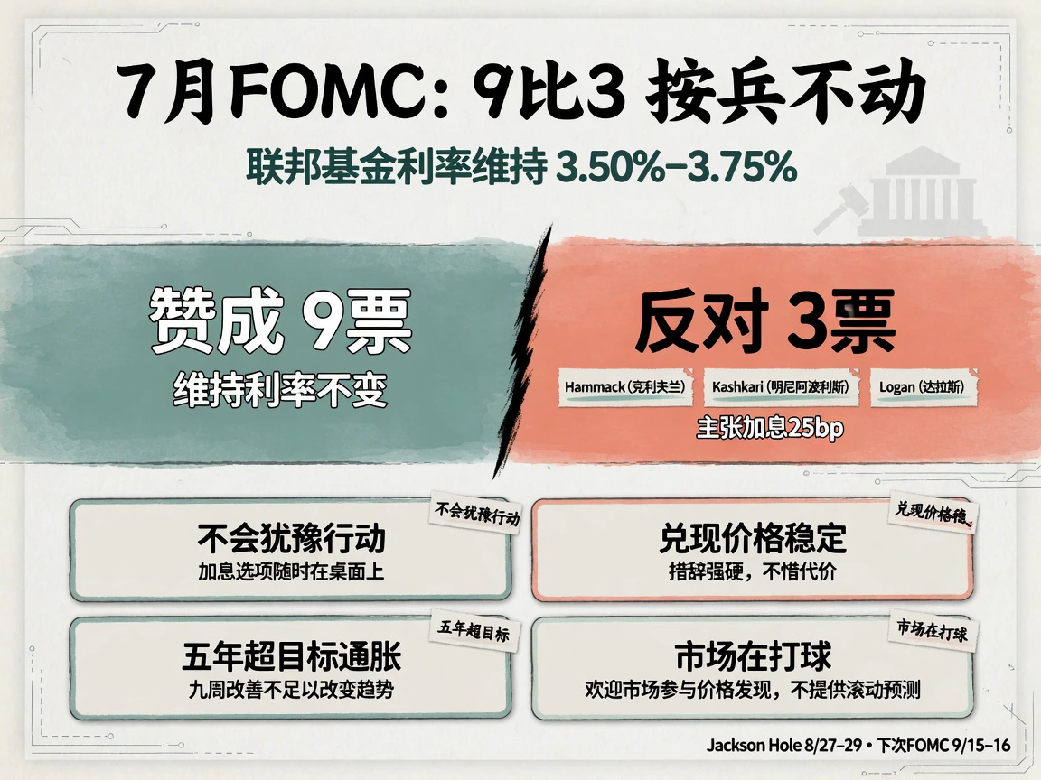 FOMC内部立场分化:鹰派三异见者 vs Waller投赞成,白宫压力与Jackson Hole窗口
