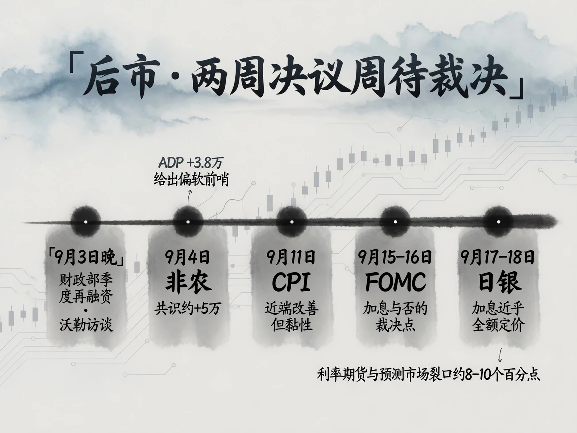 后市章图:两周决议周时间轴——9月3日晚再融资、9月4日非农、9月11日CPI、9月15–16日FOMC、9月17–18日日银