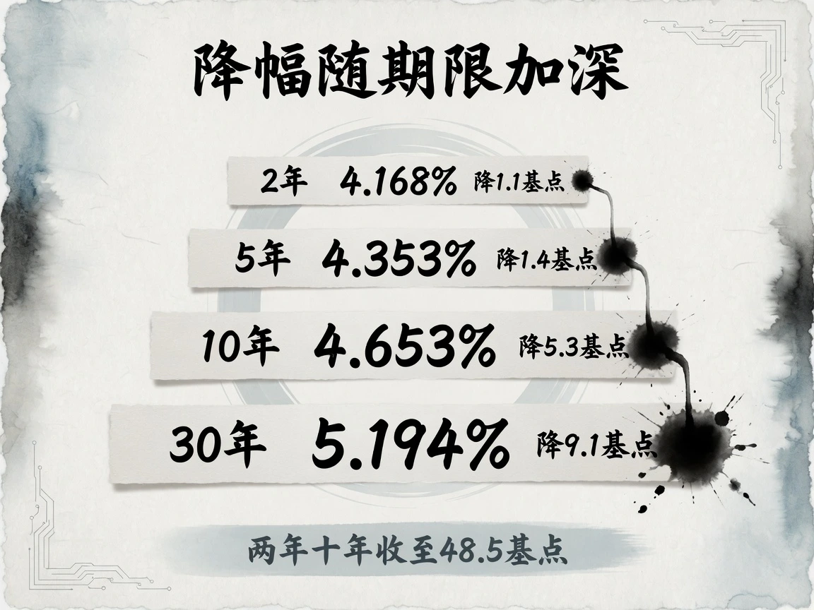 美债收盘对收盘:2年4.168%降1.1基点、5年4.353%降1.4基点、10年4.653%降5.3基点、30年5.194%降9.1基点,两年十年收至48.5基点