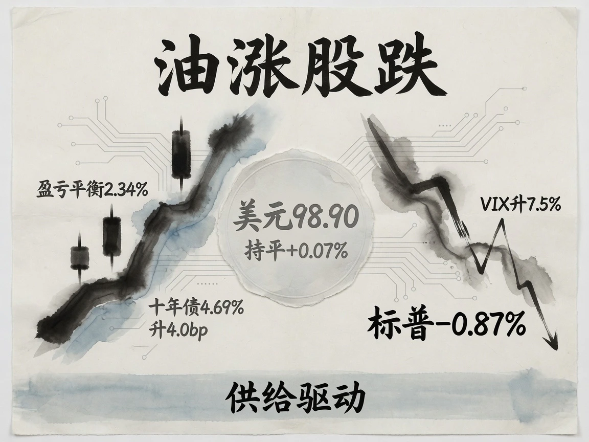 美元98.90持平，十年债4.69%，标普-0.87%，油涨股跌
