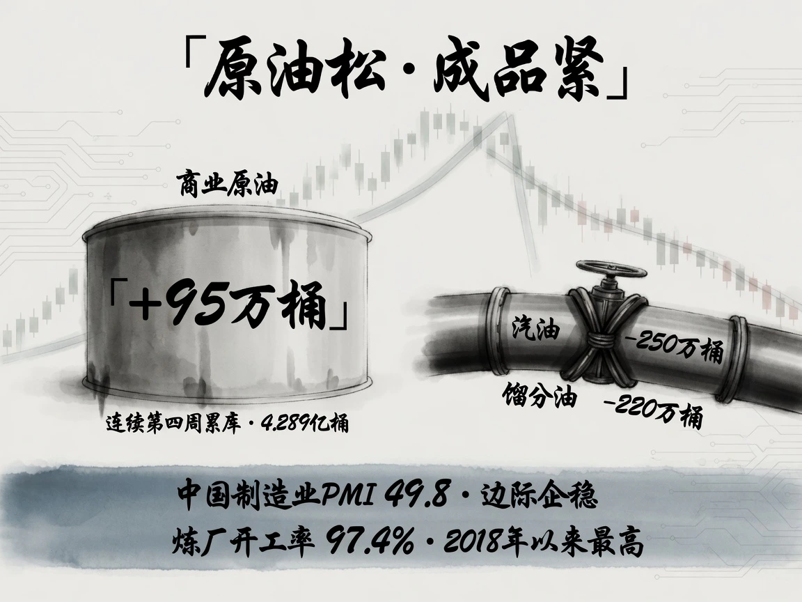 商业原油累库95万桶连第四周、汽油与馏分油抽紧,中国制造业PMI 49.8边际企稳,炼厂开工率97.4%