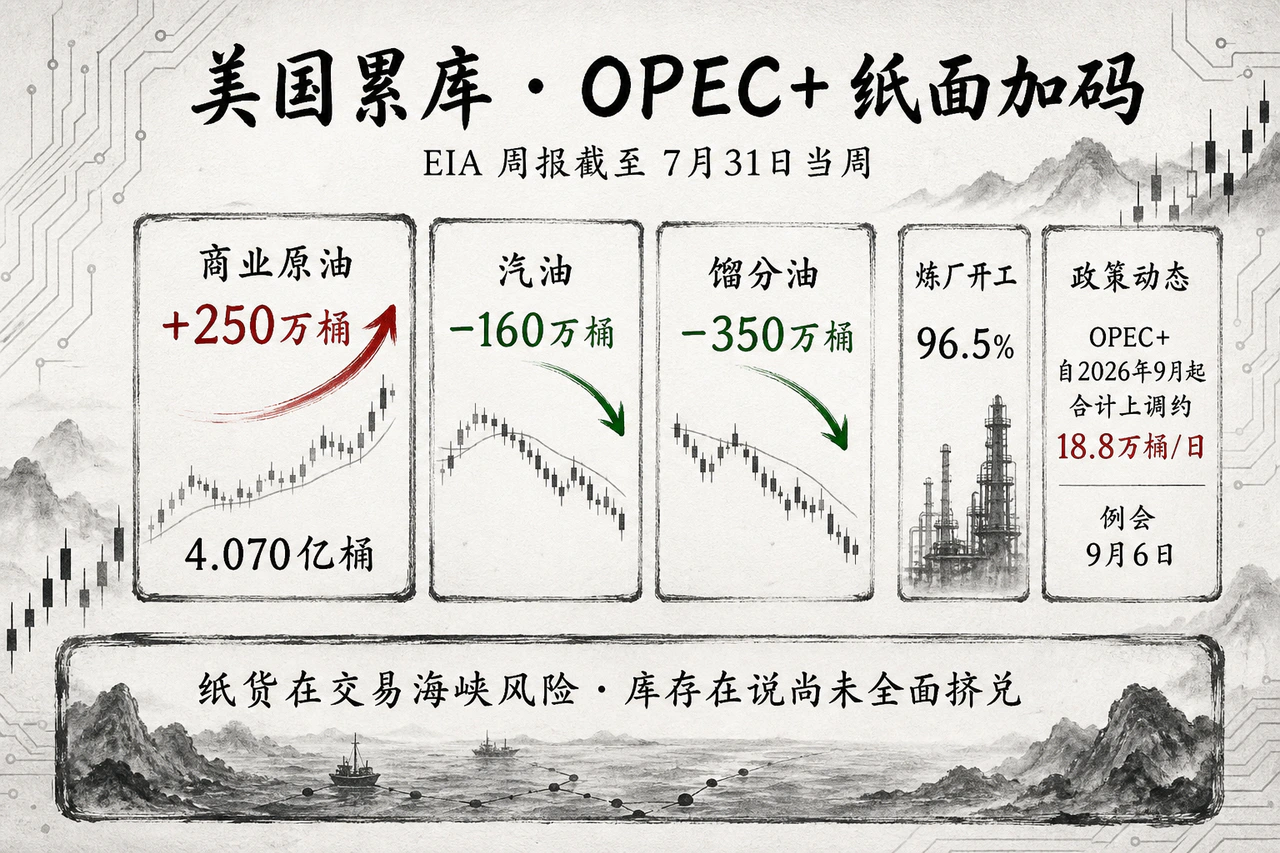 EIA：商业原油+250万桶至4.070亿桶，汽油−160万桶，馏分油−350万桶，炼厂开工96.5%；OPEC+自2026年9月起合计上调约18.8万桶/日，例会9月6日——纸货交易海峡风险，库存显示尚未全面挤兑