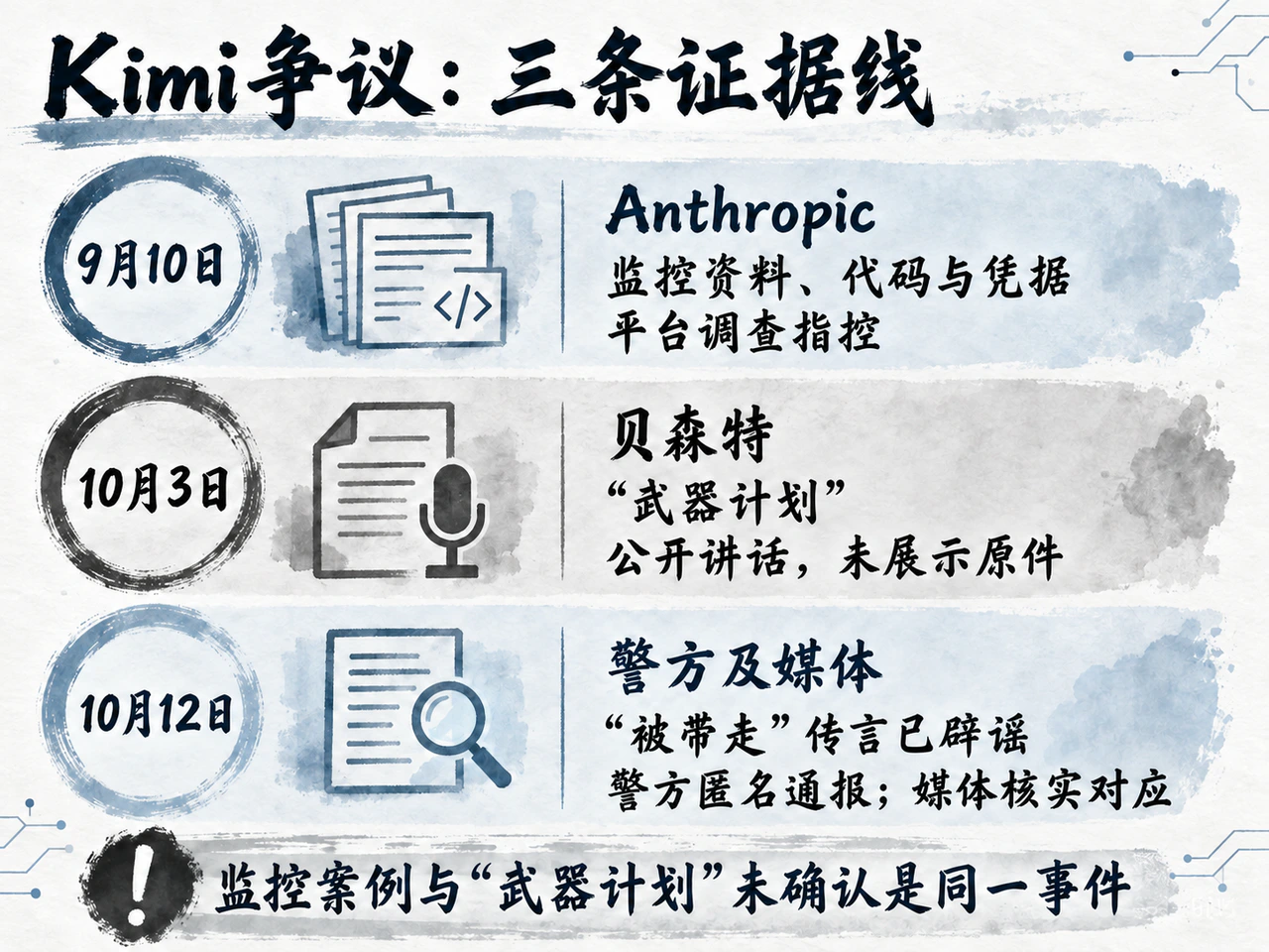 Kimi争议中的监控资料指控、武器计划讲话与人员传言辟谣属于三条不同证据线