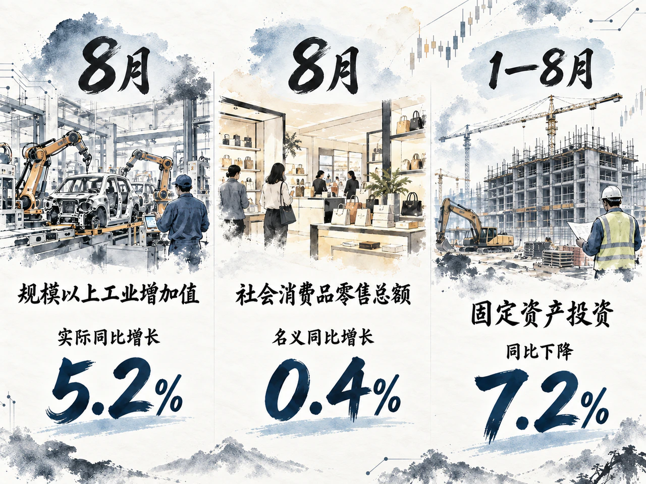 中国8月工业增长加快,消费与投资仍弱。