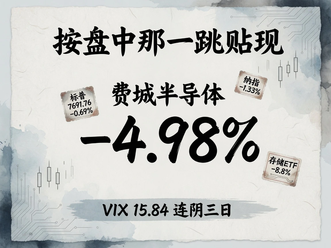 费城半导体跌4.98%,标普收7691.76跌0.69%,纳指跌1.33%,存储ETF跌8.8%,VIX升至15.84