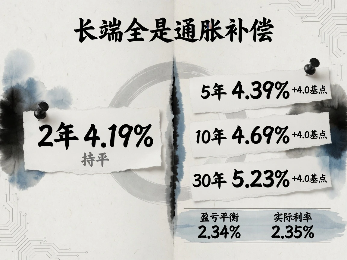 美债收盘对收盘:2年4.19%持平,5年4.39%、10年4.69%、30年5.23%各升4.0基点,十年盈亏平衡2.34%、实际利率2.35%