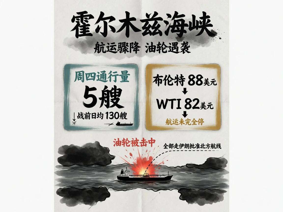 霍尔木兹海峡：油轮遇袭、航运低至个位数，布伦特88美元WTI 82美元