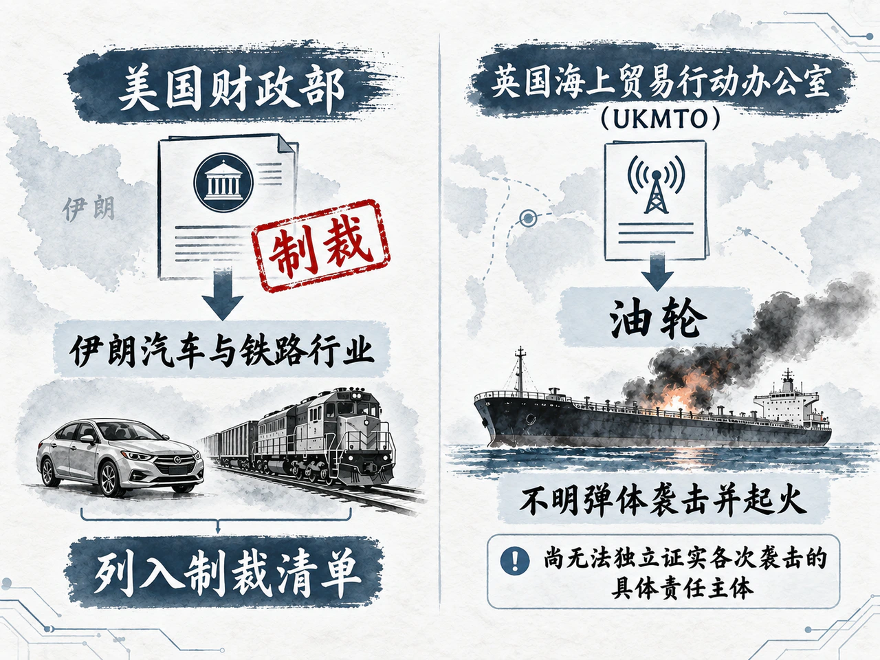 美方扩大对伊工业制裁，霍尔木兹油轮遇袭责任仍待核实。