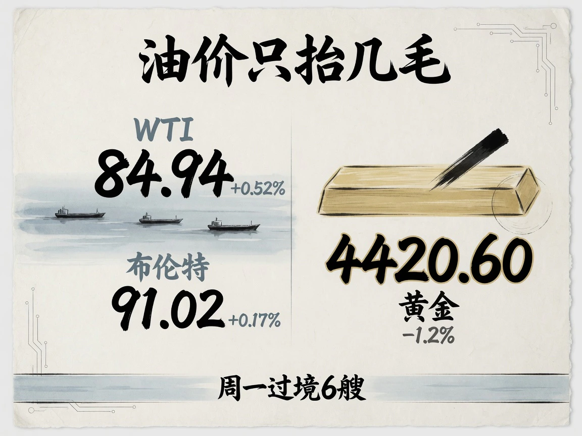 WTI结算84.94涨0.52%,布伦特91.02涨0.17%,黄金4420.60跌1.2%,霍尔木兹周一过境6艘