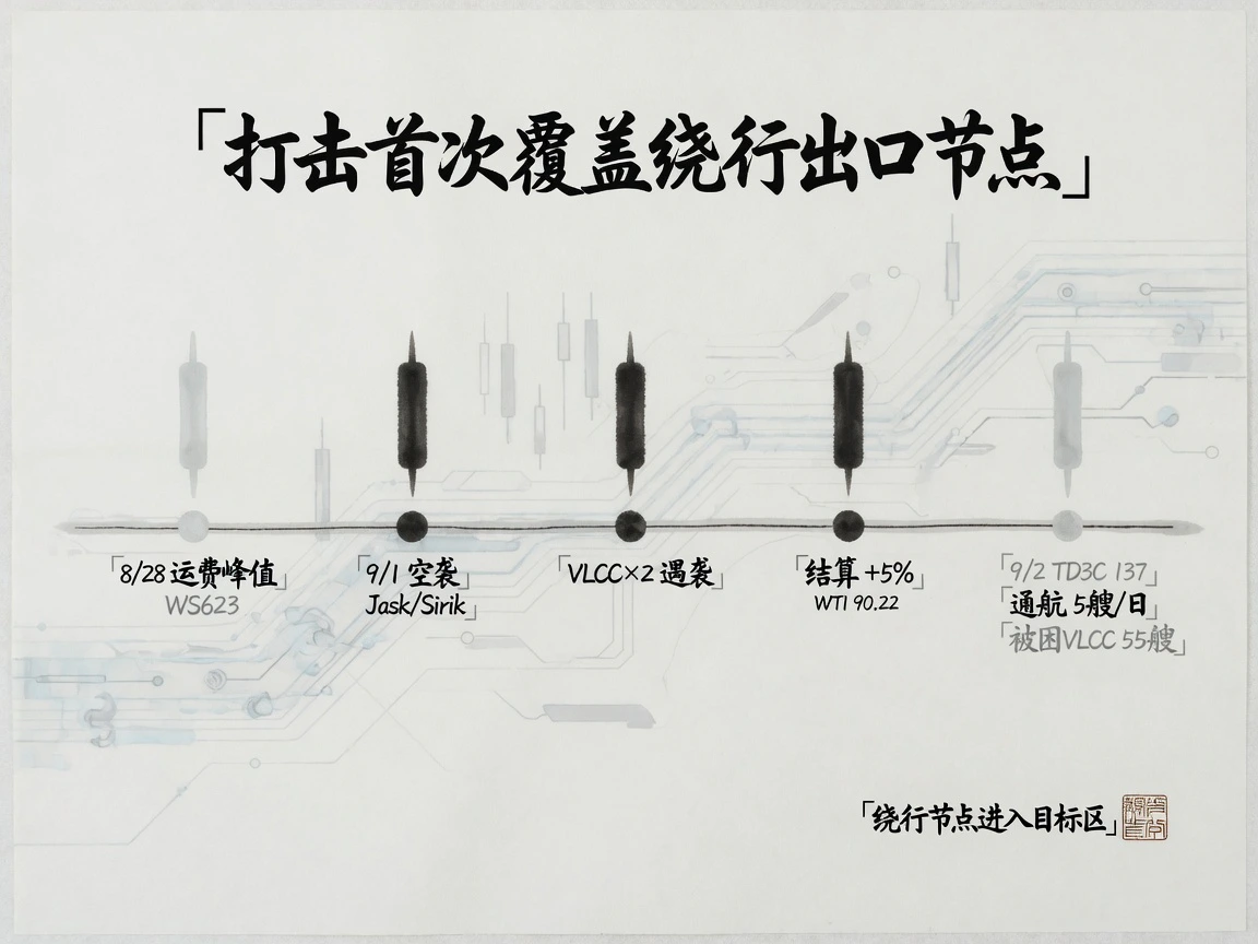 导火索时间线:8/28 运费峰值 WS623,9/1 空袭首次覆盖 Jask/Sirik,两艘 VLCC 遇袭,结算 +5%,9/2 运费退烧 TD3C 137