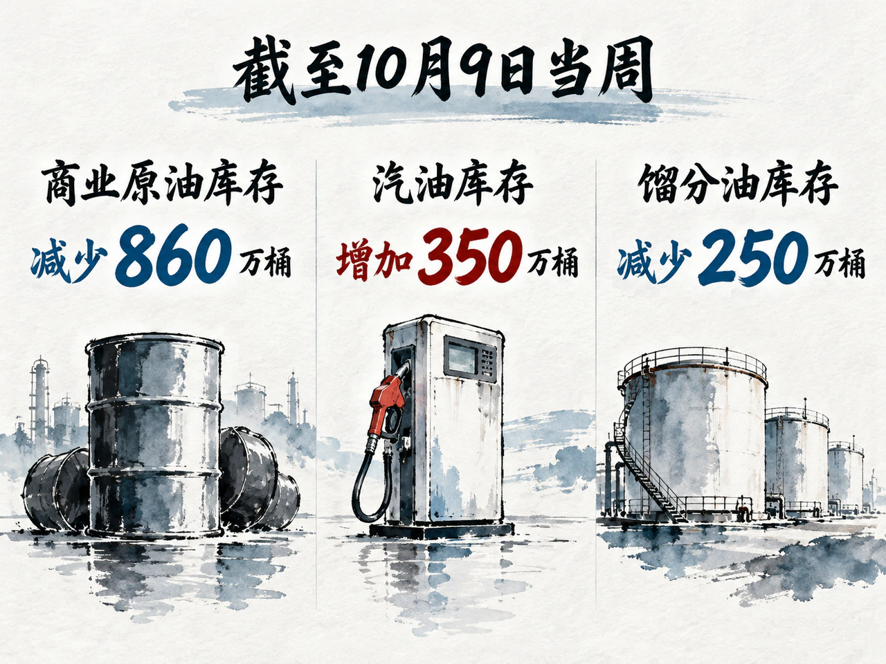 截至10月9日当周美国原油与馏分油库存下降而汽油库存增加