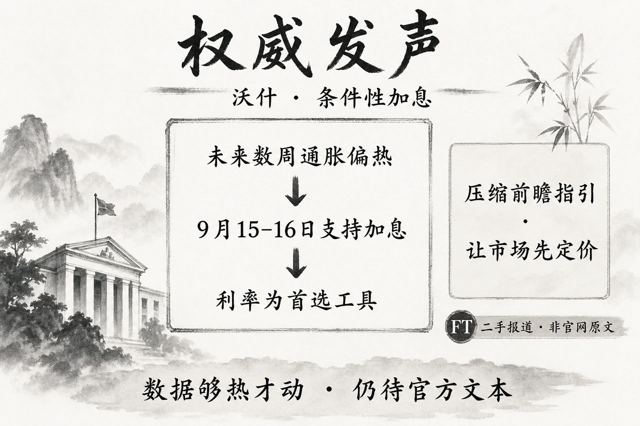 权威发声框架图:沃什条件性加息——未来数周通胀偏热则准备在9月15–16日支持加息;利率首选;压缩前瞻指引;FT二手报道非官网原文