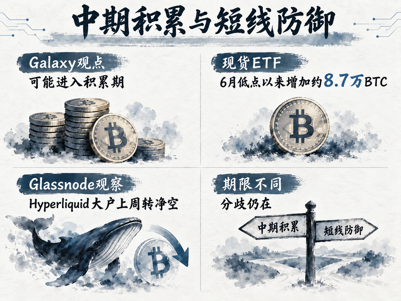 Different horizons: Galaxy sees a possible medium-term accumulation phase, with spot ETFs adding about 87,000 BTC since the June low. Glassnode observed large Hyperliquid traders turning net short the previous week. Defensive short-term positioning can coexist with longer-term accumulation.