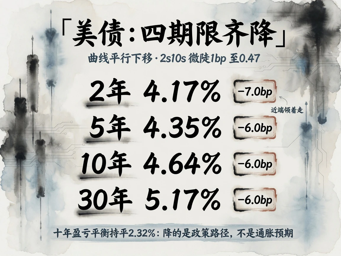 美债四期限齐降:2年4.17%较前日-7bp领跌,十年盈亏平衡持平2.32%