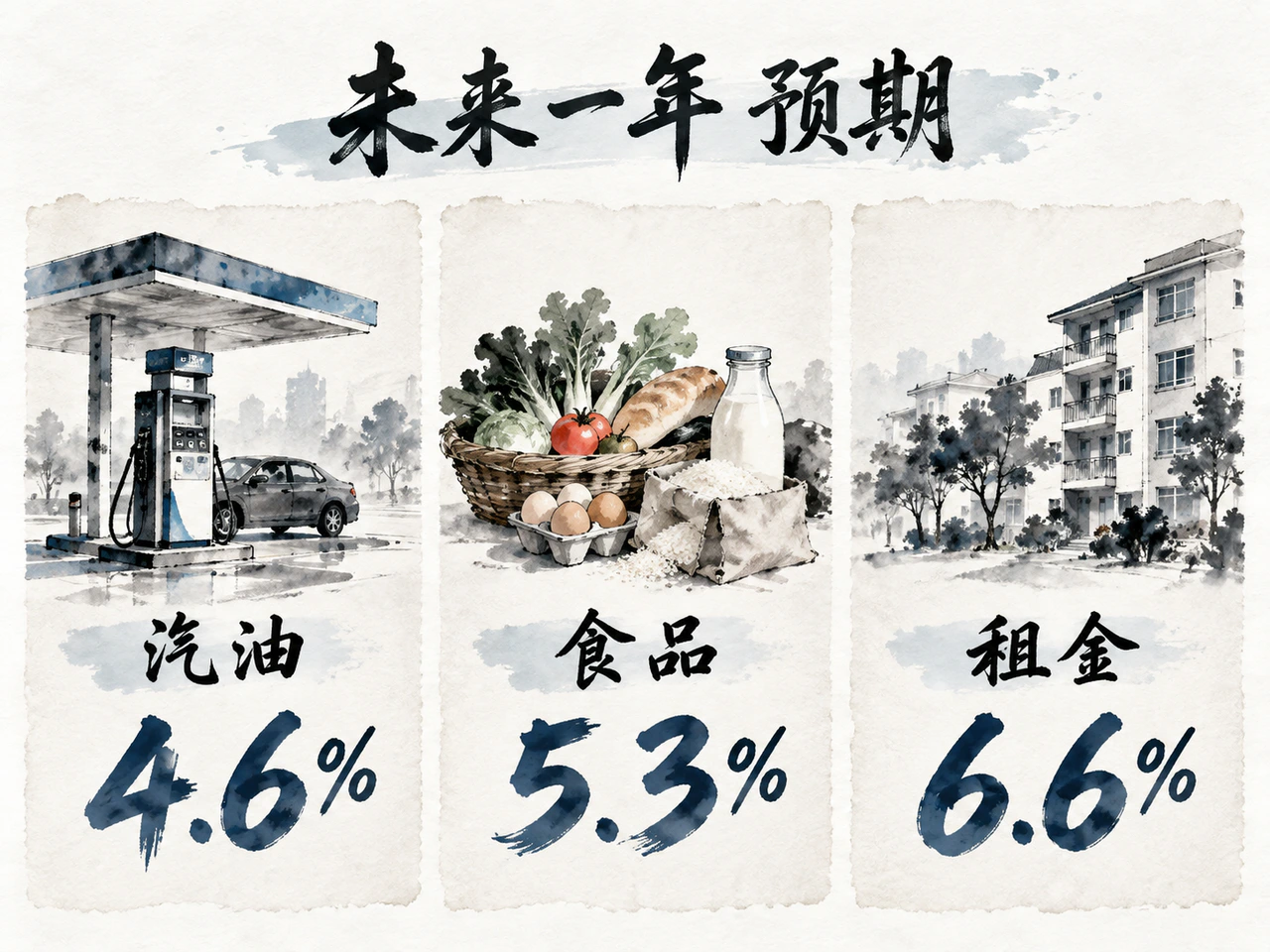 居民预计未来一年汽油、食品和租金价格分别上涨4.6%、5.3%和6.6%。