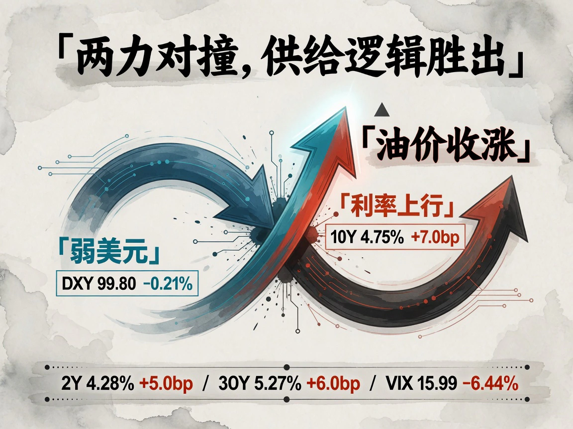 美元走软与利率上行对撞：DXY 99.80 -0.21%，10Y收益率4.75% +7bp，2Y 4.28%，供给冲击逻辑胜出、油价收涨
