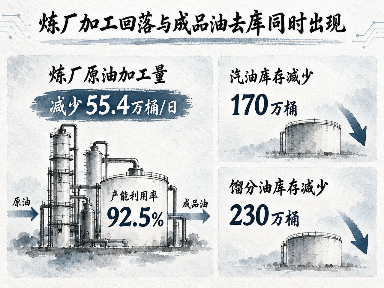 炼厂加工下降，汽油与馏分油库存偏低。