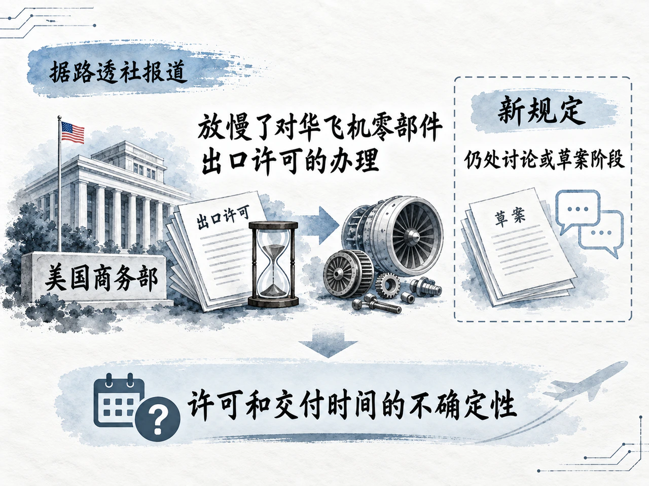 航空部件出口许可办理放缓,交付影响仍待观察。