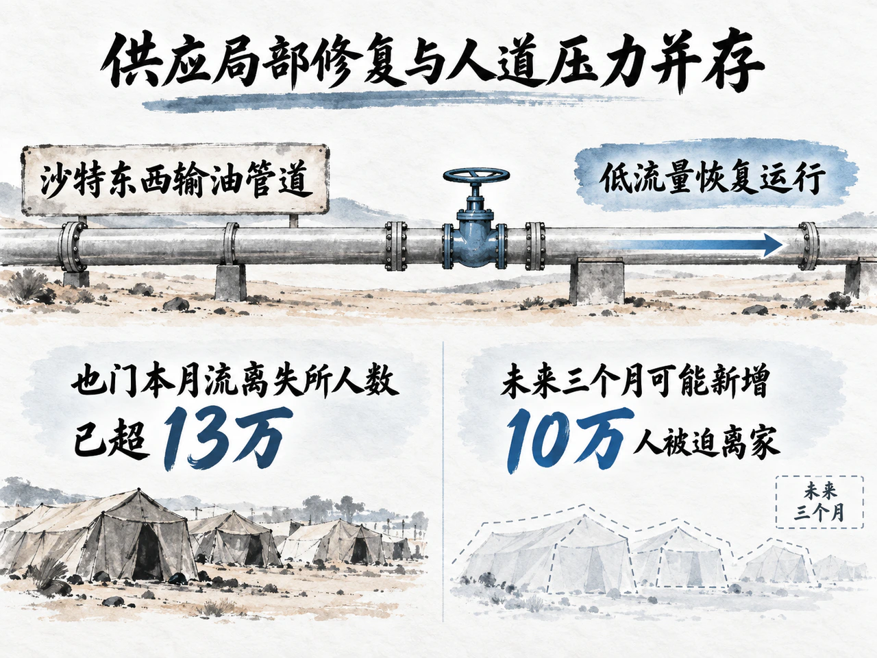 沙特管线低流量复运，也门本月流离失所超过13万人