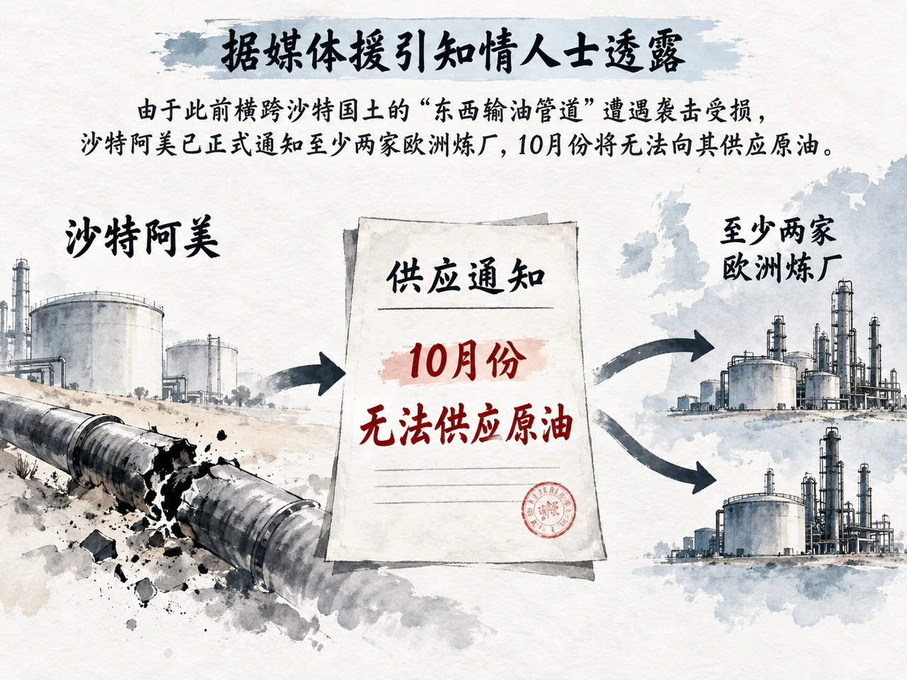 媒体援引知情人士称,沙特阿美通知至少两家欧洲炼厂10月无法供应原油。