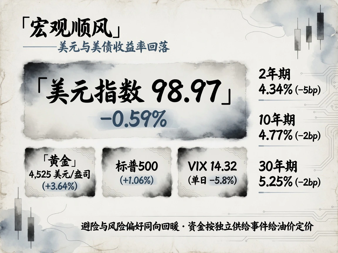 宏观顺风:美元指数98.97跌0.59%,黄金4525涨3.64%,标普500涨1.06%,VIX 14.32,美债2Y/10Y/30Y收益率下行