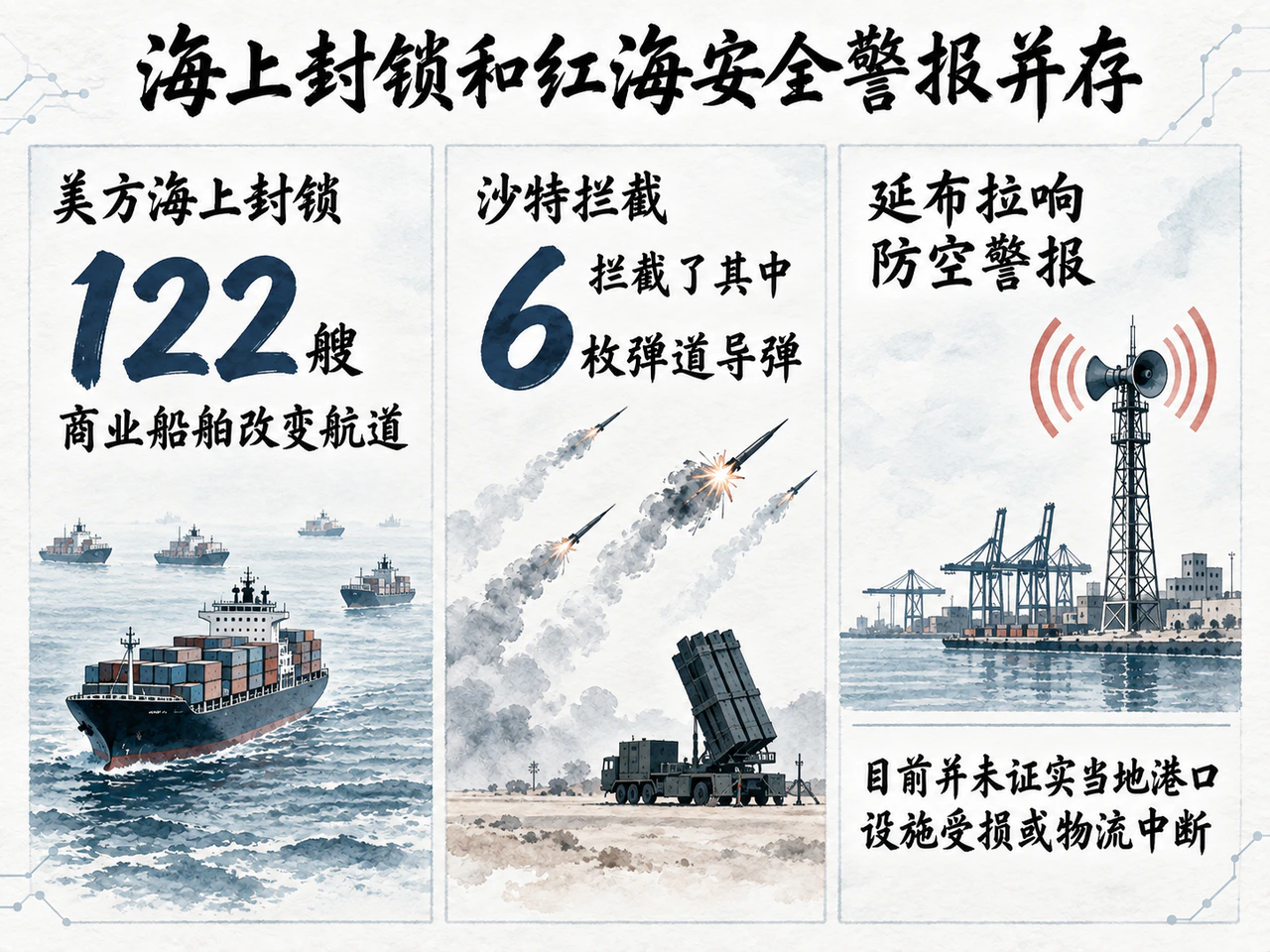 美军封锁已使122艘商船改道,沙特称拦截6枚导弹,延布防空警报拉响。