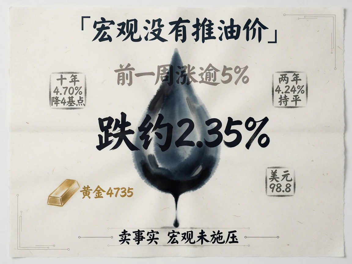 油价跌约 2.35%，十年期 4.70% 降 4 基点、两年期 4.24% 持平，美元约 98.8，黄金约 4735；前一周涨逾 5%